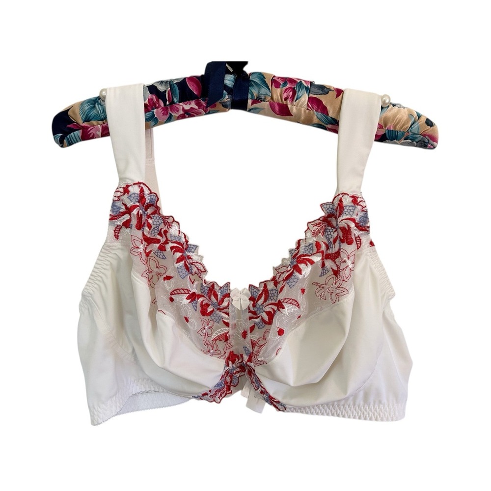 BEAUTIFUL CURVE MUSE White & Red Embroidered Flowers Bra 46DD Plus Sized Volup
